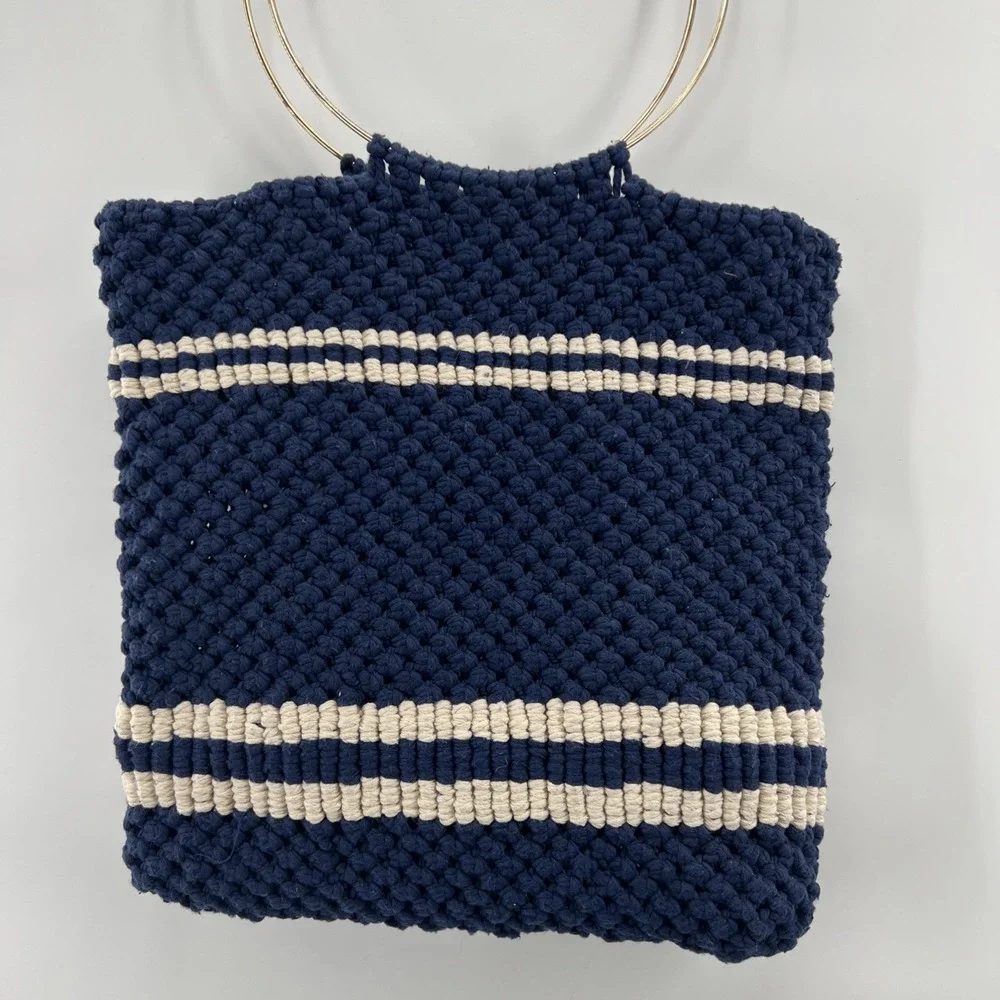 Vintage Handmade 70s Macrame Purse Bag Round Handles Nautical Boho Navy Gold